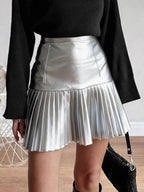 High Waist Faux Leather Accordion Pleat Flared Mini Skirt For Women 2026