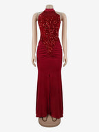 Sequin Halter Neck Ruched Waist High Slit Evening Long Dress For Women 2026