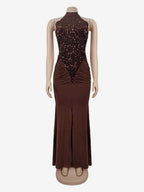Sequin Halter Neck Ruched Waist High Slit Evening Long Dress For Women 2026