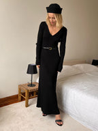 Ribbed Knit V-Neck Slim Fit Long Sleeve Bodycon Maxi Sweater Dress For Women 2026