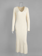 Ribbed Knit V-Neck Slim Fit Long Sleeve Bodycon Maxi Sweater Dress For Women 2026