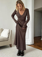 Ribbed Knit V-Neck Slim Fit Long Sleeve Bodycon Maxi Sweater Dress For Women 2026