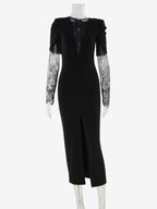 Lace Patchwork Deep V-Neck High Slit Bodycon Midi Dress For Women 2026