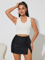 High Waist Faux Leather Side Slit Bodycon Mini Skirt For Women 2026