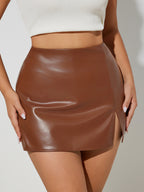 High Waist Faux Leather Side Slit Bodycon Mini Skirt For Women 2026