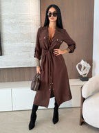 Button Up Drawstring Waist Midi Shirt Dress For Women 2026