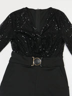 Sequined Stripe V-Neck Belted Wide Leg Party Jumpsuit For Women 2026