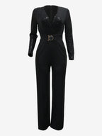 Sequined Stripe V-Neck Belted Wide Leg Party Jumpsuit For Women 2026
