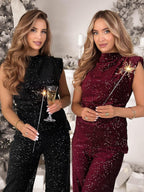 High Neck Sleeveless Sparkly Sequin Wide Leg Party Jumpsuit For Women 2026