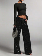 Sequin Drawstring Wide Leg Party Trousers For Women 2026