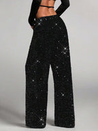 Sequin Drawstring Wide Leg Party Trousers For Women 2026