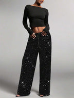 Sequin Drawstring Wide Leg Party Trousers For Women 2026