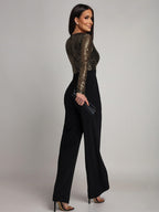 Sequined Stripe V-Neck Belted Wide Leg Party Jumpsuit For Women 2026