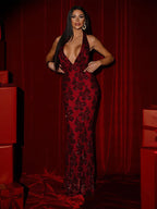 Deep V Neck Sequin Floral Halter Backless Bodycon Maxi Dress For Women 2026