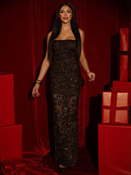 Sequin Floral Embroidery Sheer Hem Bodycon Maxi Dress For Women 2026