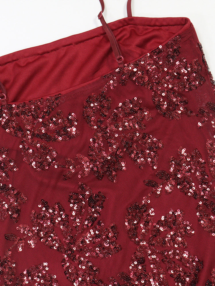 Sequin Floral Embroidery Sheer Hem Bodycon Maxi Dress For Women 2026