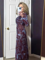 Floral Print Long Sleeve Slim Fit Maxi Bodycon Retro Dress For Women 2026