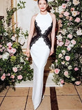 Halter Neck Lace Patchwork Contrast Color Sleeveless Maxi Dress For Women 2026