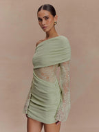 Off Shoulder Lace Long Sleeve Ruched Mini Bodycon Dress For Women 2026