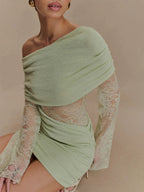 Off Shoulder Lace Long Sleeve Ruched Mini Bodycon Dress For Women 2026
