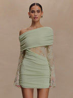 Off Shoulder Lace Long Sleeve Ruched Mini Bodycon Dress For Women 2026