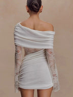 Off Shoulder Lace Long Sleeve Ruched Mini Bodycon Dress For Women 2026