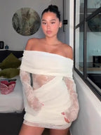Off Shoulder Lace Long Sleeve Ruched Mini Bodycon Dress For Women 2026