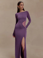 Side Mesh Cutout High Slit Long Sleeve Maxi Bodycon Evening Dress For Women 2026