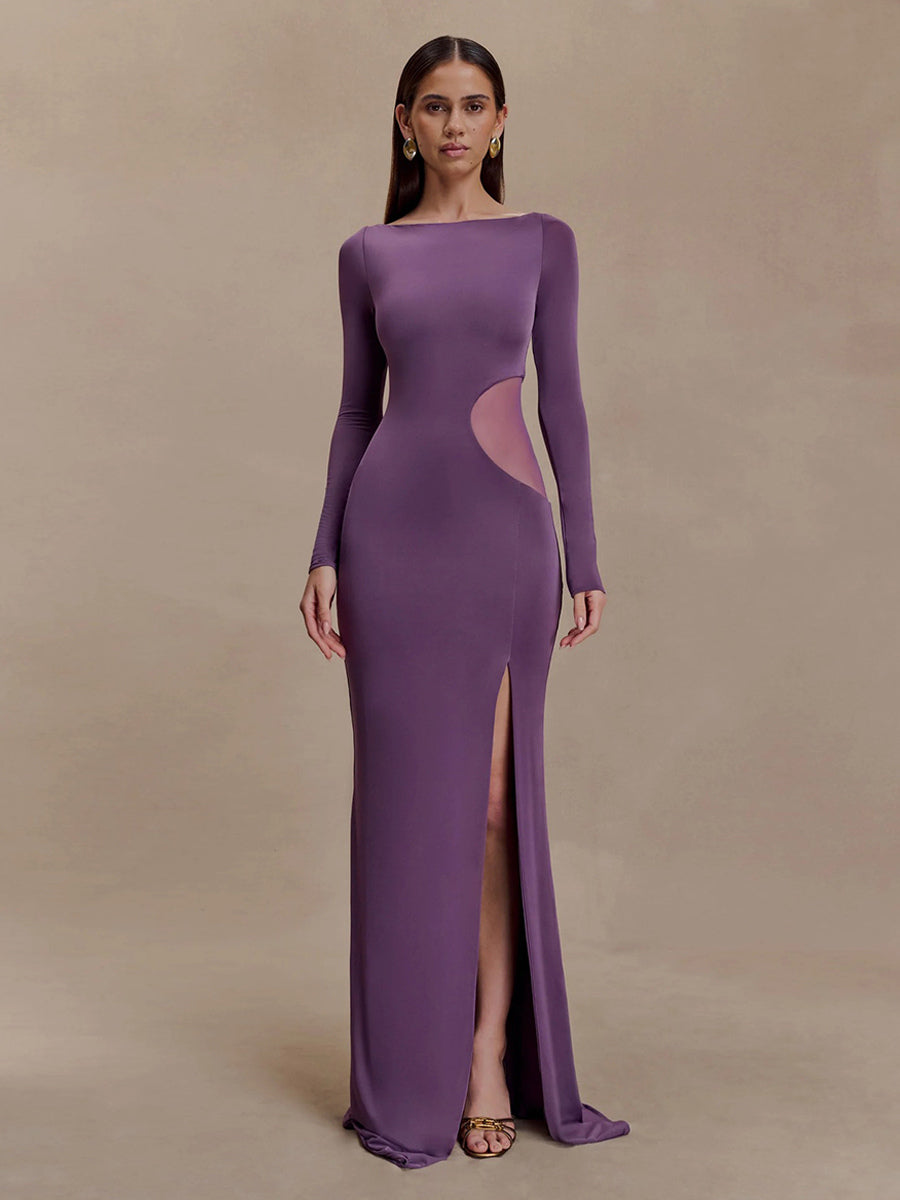 Side Mesh Cutout High Slit Long Sleeve Maxi Bodycon Evening Dress For Women 2026