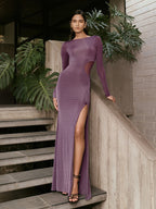 Side Mesh Cutout High Slit Long Sleeve Maxi Bodycon Evening Dress For Women 2026
