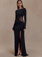 Side Mesh Cutout High Slit Long Sleeve Maxi Bodycon Evening Dress For Women 2026