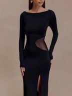Side Mesh Cutout High Slit Long Sleeve Maxi Bodycon Evening Dress For Women 2026