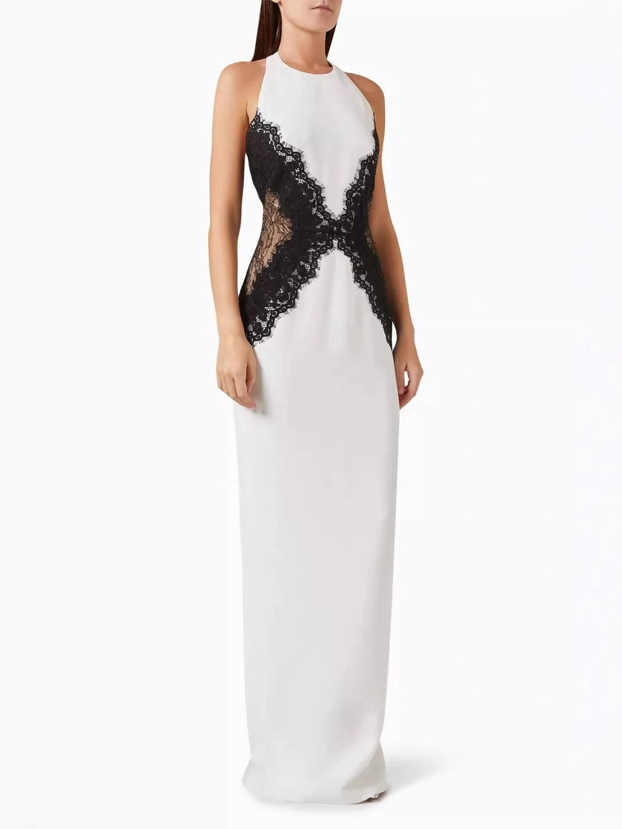 Halter Neck Lace Patchwork Contrast Color Sleeveless Maxi Dress For Women 2026