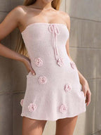Halter Neck Knitted Mini Dress for Women - Pink 3D Flower Sleeveless Bodycon Short Dress - Summer Beach Party 2026