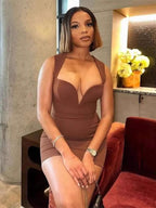 Deep V Neck Bodycon Mini Dress With Geometric Straps For Women 2026