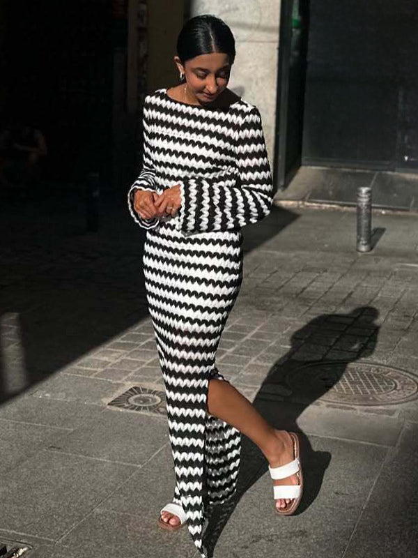 Contrast Wave Pattern Knit Long Sleeve Bodycon Maxi Dress For Women 2026