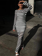 Contrast Wave Pattern Knit Long Sleeve Bodycon Maxi Dress For Women 2026