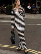 Contrast Wave Pattern Knit Long Sleeve Bodycon Maxi Dress For Women 2026