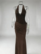 Sequined Halter Neck Mermaid Evening Gown With Ruched Waist Detail For Women 2026