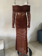 Off Shoulder Ruched Lace Splicing Long Sleeve Bodycon Maxi Dress For Women 2026