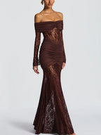 Off Shoulder Ruched Lace Splicing Long Sleeve Bodycon Maxi Dress For Women 2026