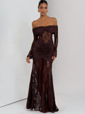 Off Shoulder Ruched Lace Splicing Long Sleeve Bodycon Maxi Dress For Women 2026