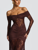 Off Shoulder Ruched Lace Splicing Long Sleeve Bodycon Maxi Dress For Women 2026