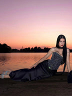 Rhinestone Lace Up Back Corset And Long Skirt Party 2-Piece Set For Women 2026