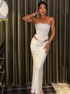 Rhinestone Lace Up Back Corset And Long Skirt Party 2-Piece Set For Women 2026