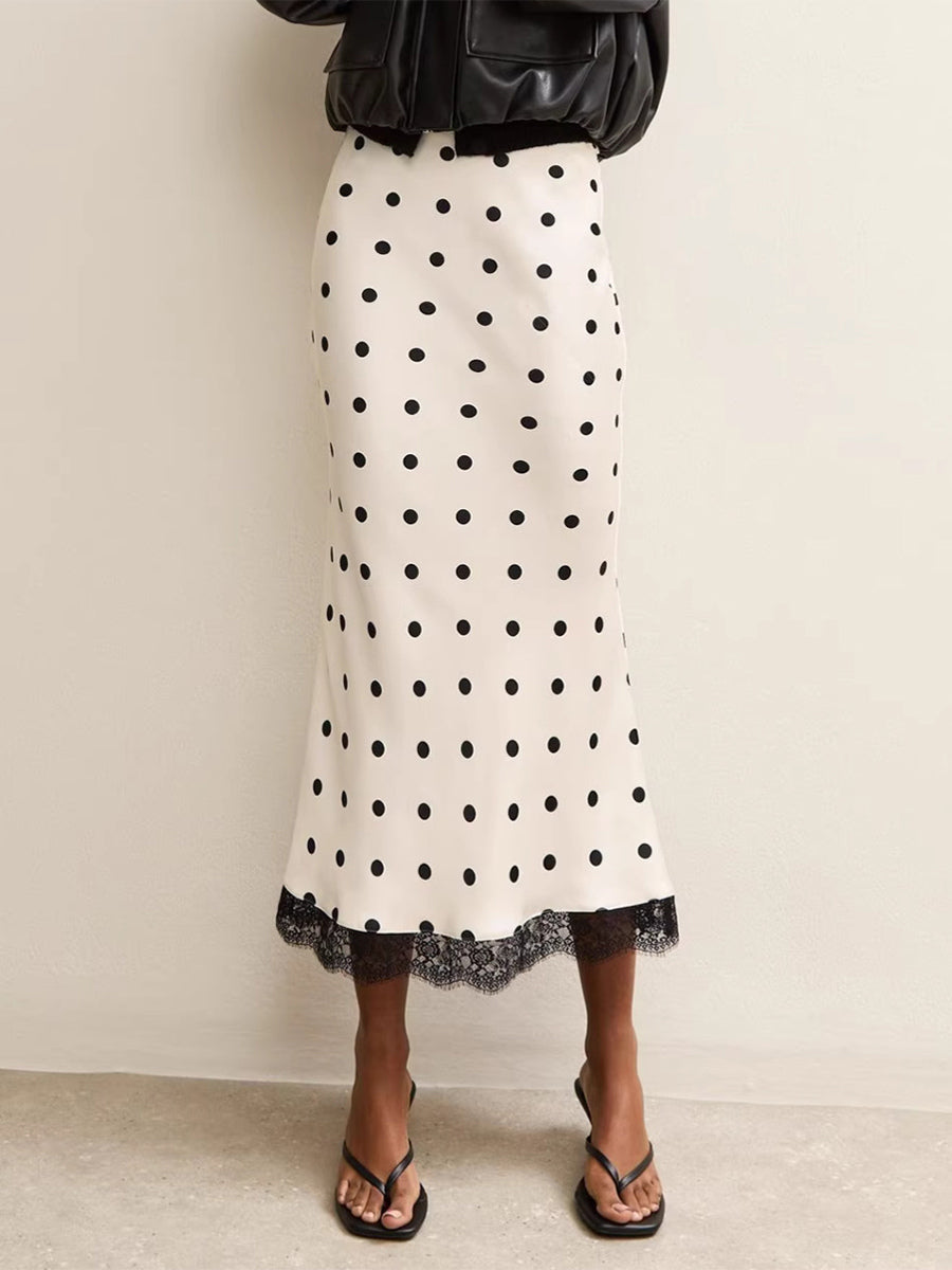 Polka Dot Lace Trim High Waist Midi Mermaid Skirt For Women 2026