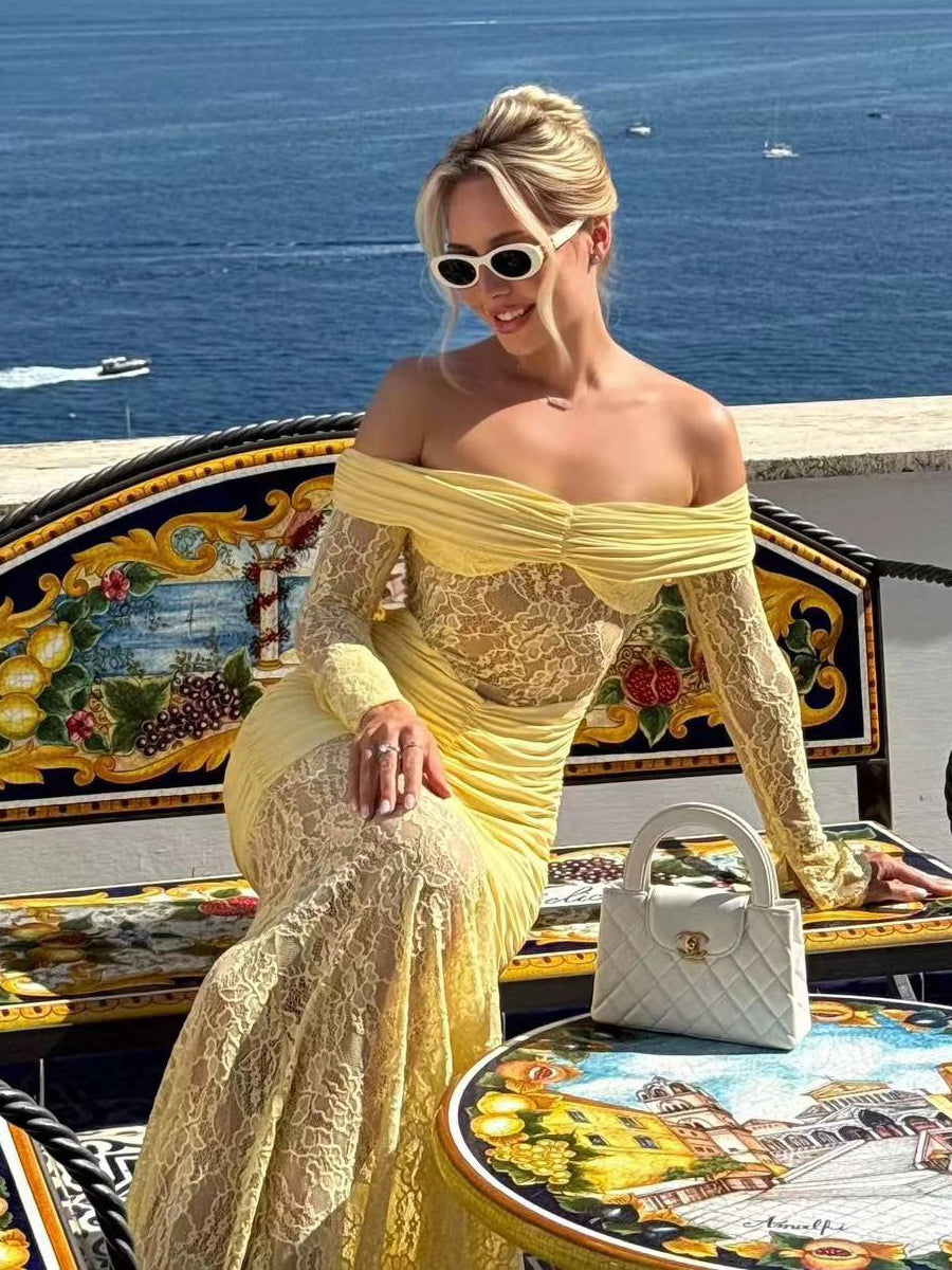 Off Shoulder Ruched Lace Splicing Long Sleeve Bodycon Maxi Dress For Women 2026