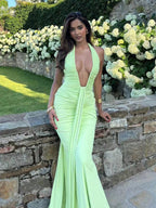 Deep V Neck Halter Ruched Bodycon Floor Length Mermaid Gown For Women 2026