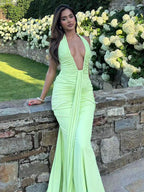 Deep V Neck Halter Ruched Bodycon Floor Length Mermaid Gown For Women 2026
