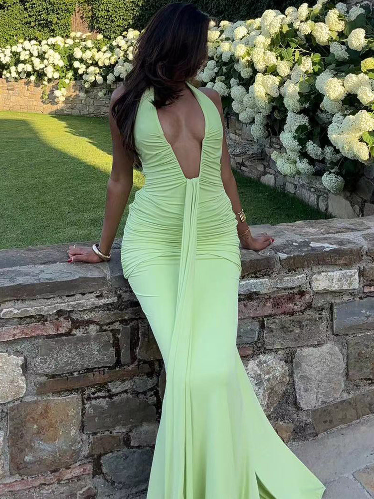 Deep V Neck Halter Ruched Bodycon Floor Length Mermaid Gown For Women 2026
